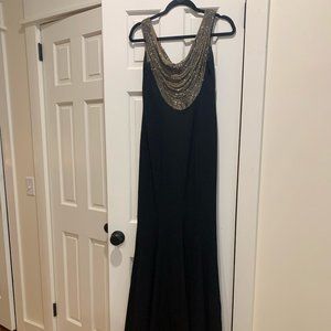 Carmen Marc Valvo Beaded Evening Gown. Black, gold beading, side zip, sz 10.